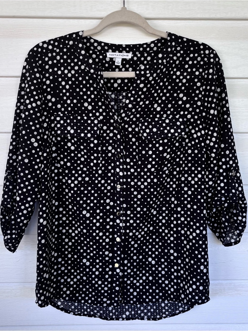 Notations Polka Dot Blouse Black White Button Front Roll Tab Sleeve S